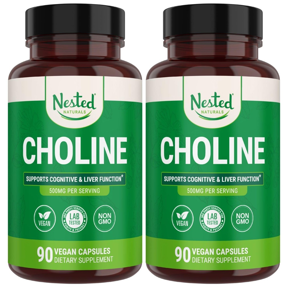 Nested Naturals Choline Bitartrate 500mg - Hög Potens Kolin Kosttillskott - Stöder Maternal & Fetal Hälsa Under Graviditet * - 100% Vegan & Non-GMO - 2-Pack (180 Vegan kapslar)