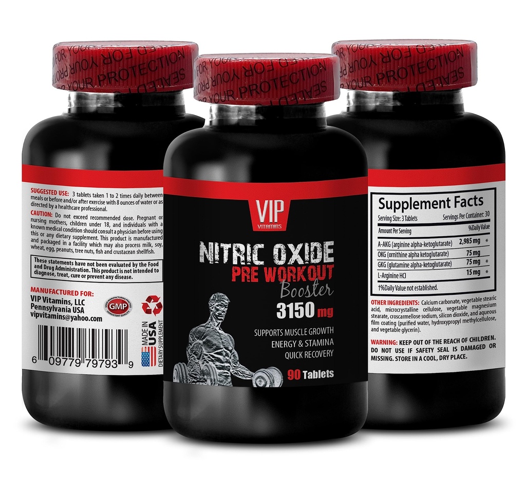 Nitric Oxide pre Workout - Nitric Oxide Unique Complex - AAKG Endurance Training, OKG Nitric Oxide for Athletes, GKG Muscle Recovery, AKIC Strength Support, Nitric Oxide 1 Bottle 90 Tablets