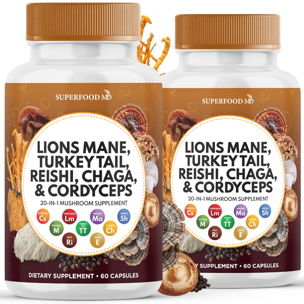 Lions Mane Mushroom tillägg med Turkiet Tail Reishi Cordyceps Chaga med Marshmallow Root - 120 greve