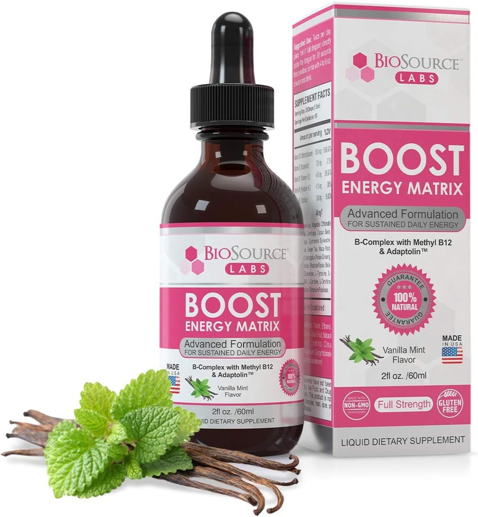 Boost Energy Matrix -Vegan Vitamin B-Complex Sublingual Liquid Drops w / Methyl B12 & Adaptolin (2oz / 60ml flaska)