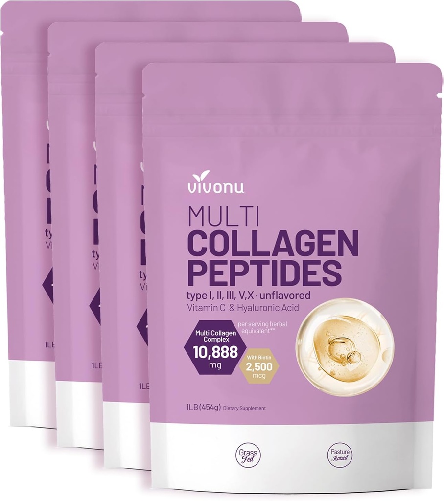 VivoNu Multi Collagen Peptides Powder, 16 Oz Hydrolyzed Protein Peptides | Typ I,II,II,V,X med Hyaluronic Acid, Biotin & Vitamin C Unflavored Keto Paleo Friendly, Ez Mix i drycker (4LB/4Pack)