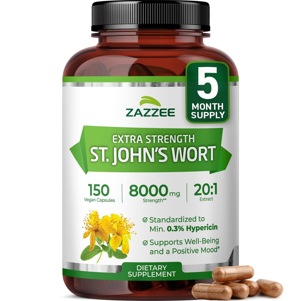 Zazzee Extra Strength St John's Wort 20:1 Extract, 8000 mg Styrka, 0,3% Hypericin, 150 Vegan kapslar, 5 månaders leverans, koncentrerad, standardiserad 20X extrakt, 100% vegetarisk, icke-GMO, all-naturlig