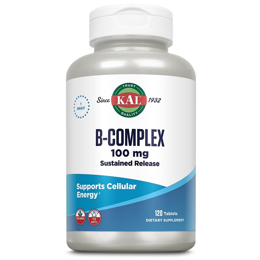 KAL B-100 Complex - Sustained Release Vitamin B Complex - Hälsosamt energistöd med naturligt stöd och färsk mintig beläggning - Vegetarisk - 60 dagars garanti - 120 portioner, 120 tabletter