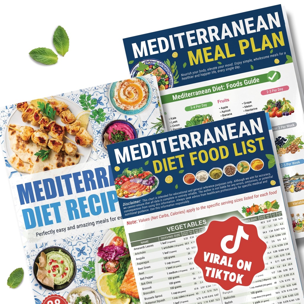 HAMIEW Mediterranean Diet Chart for Beginners, 3 Pack Food List & Meal Plan | Cookbook Guide Helps You Simplify Healthy Eating for Diabetes, Heart Health, Weight Loss, Seniors with 28+ Recipes