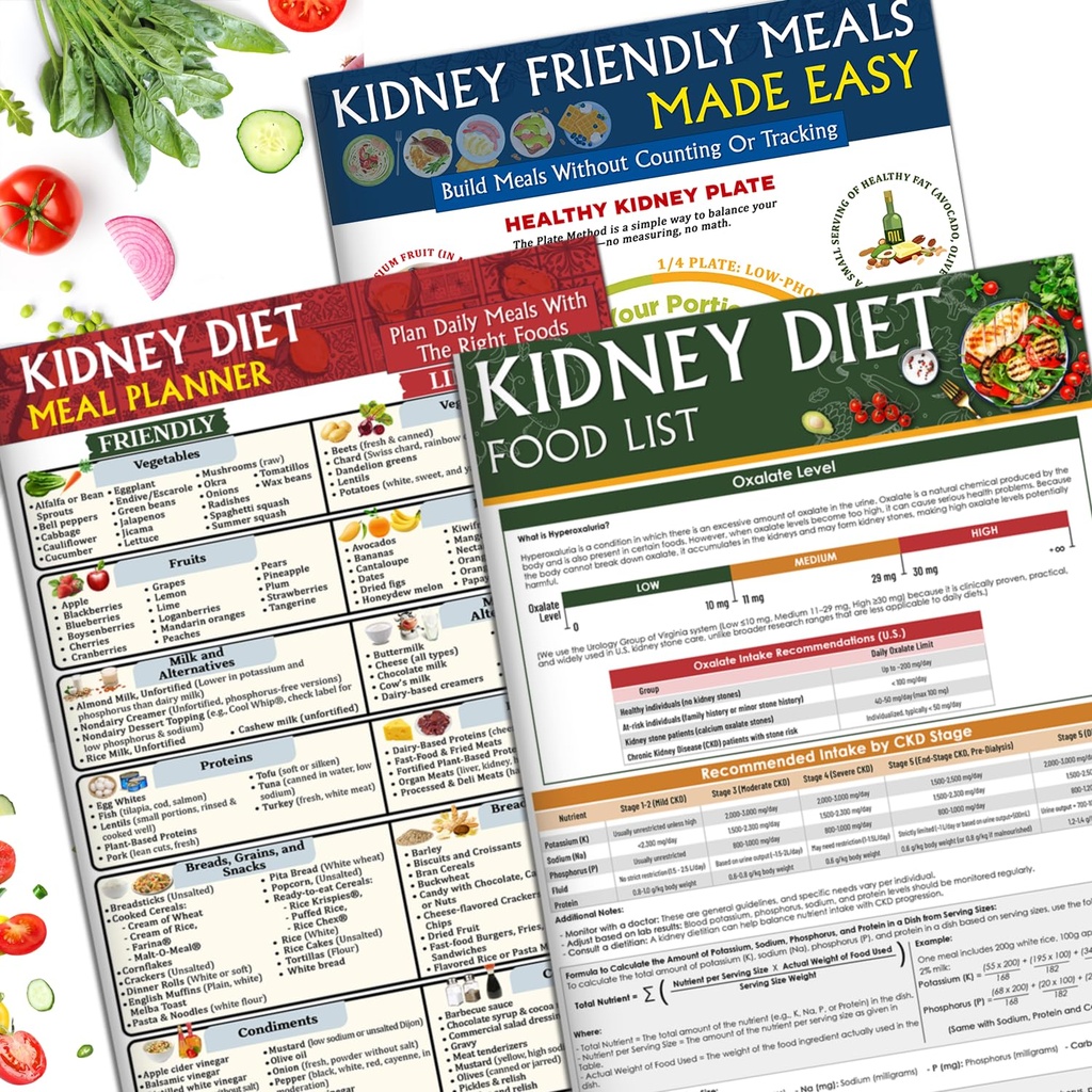 NONLAE Set 3 Kidney Friendly Food List Chart - Kidney Disease Food Chart for Renal Diet, CKD, Dialysis, Stones & Hyperoxaluria, Foods to Eat & Avoid, Low Sodium Potassium Phosphorus Oxalate Guide, Easy Kidney Diet for Beginners
