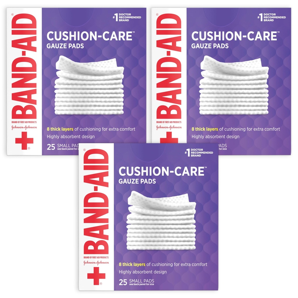 BAND-AID Brand Cushion-Care Gauze Pads, Small Size, 2 in x 2 in, 25 x 3 Ct