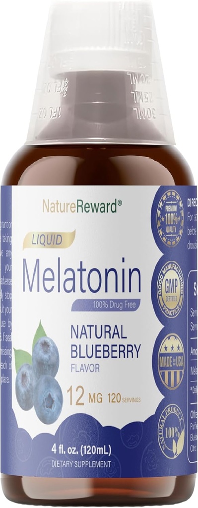 Melatonin 12mg | 4 fl oz Liquid | 120 portioner | Blueberry Flavor | för vuxna | Non-GMO, Vegetarian Supplement
