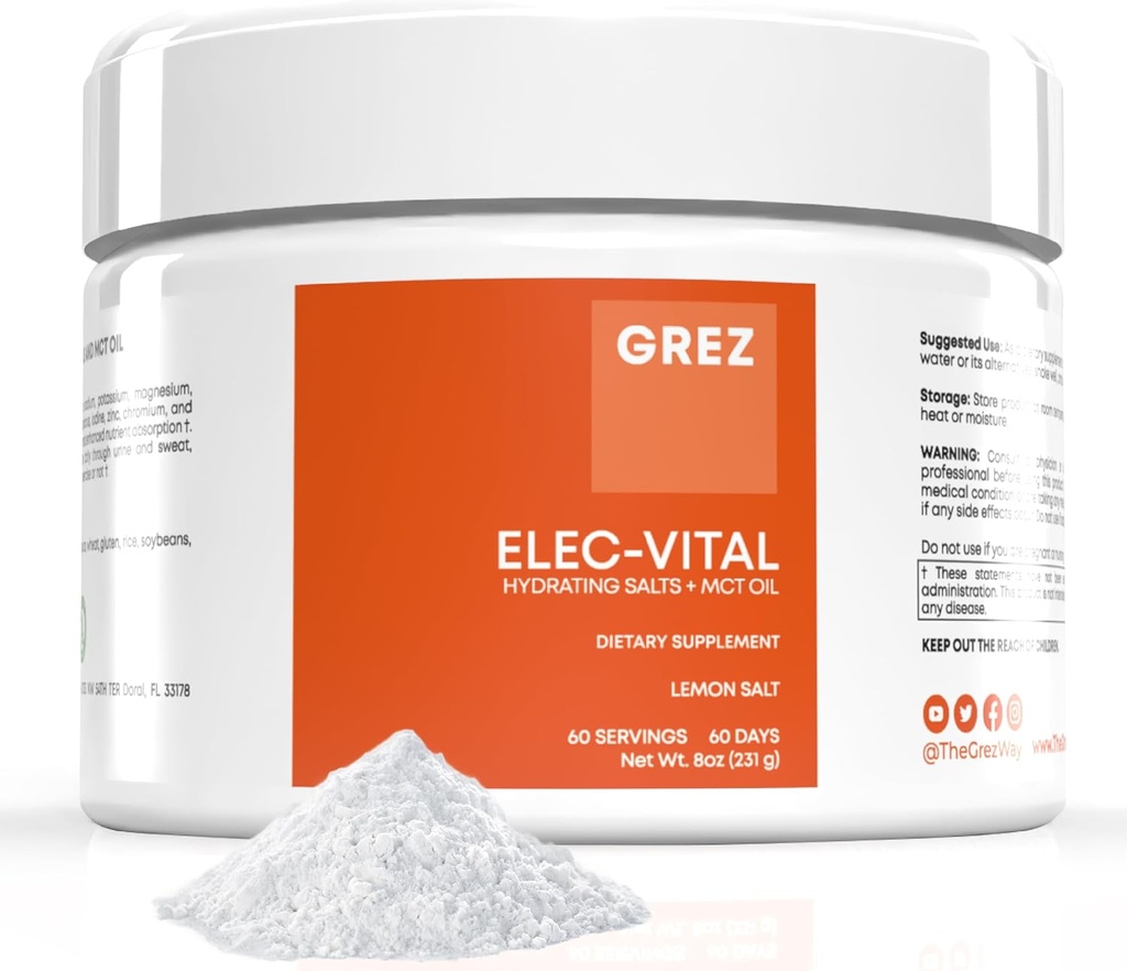 GREZ ELEC-Vital Electrolytes Powder No Sugar - Hydration Powder, Keto Electrolytes No Sugar - Komplett mineralstöd, Natrium, Kalium, Magnesium, Zink - 60 portioner