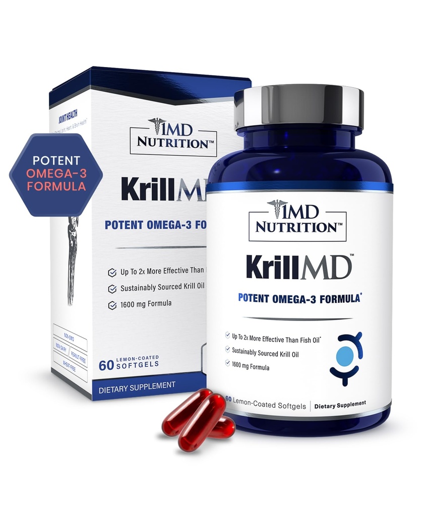1MD Nutrition KrillMD - Antarctic Krill Oil Omega 3 Supplement med Astaxanthin, EPA, DHA | 2X effektivare än fiskolja | 60 Softgels