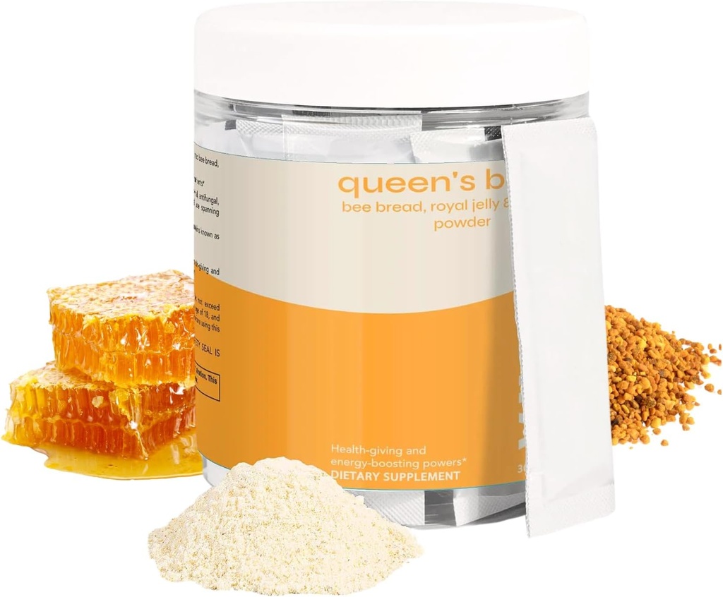 Drottning Boost - Sugar-Free Bee Bread, Royal Jelly & Propolis Powder med vitamin C - Icke-GMO, Immune och Energy Support - 30 individuella sachets per paket, 30-dagars leverans