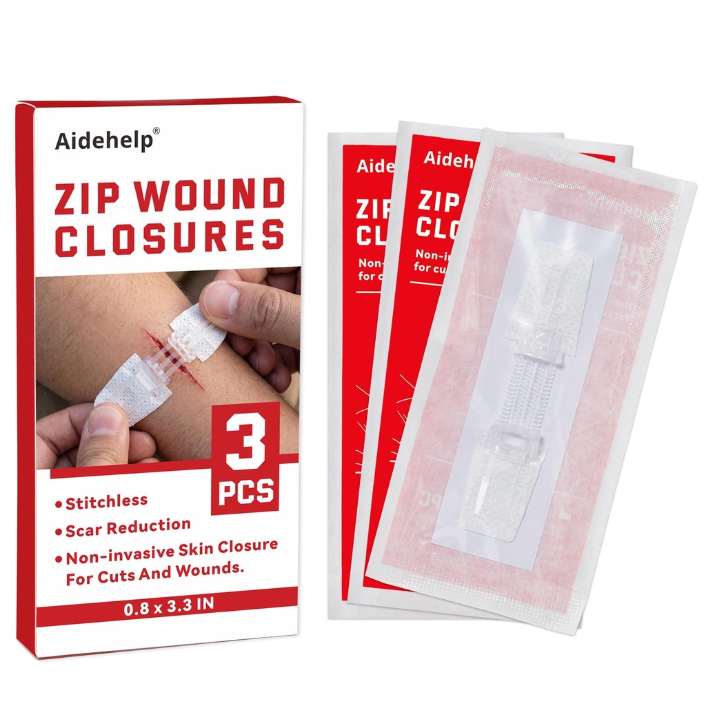 3 PCS Wound Closure Strips for Emergency Laceration & Wound Repair - Zipstitch Sutures - Painless Alternative to Stitches - Butterfly Bandages for Hiking, Camping, Survival & First Aid Kit Essential