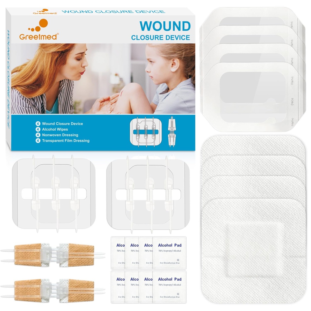 Greetmed Emergency Wound Closure Strips - 16 Pack Laceration Closure Kit with 2 Types Zip Stitch Butterfly Bandage Sutures Kit - Painless, Stitchless Wound Repair for First Aid, Hiking, Camping & Home