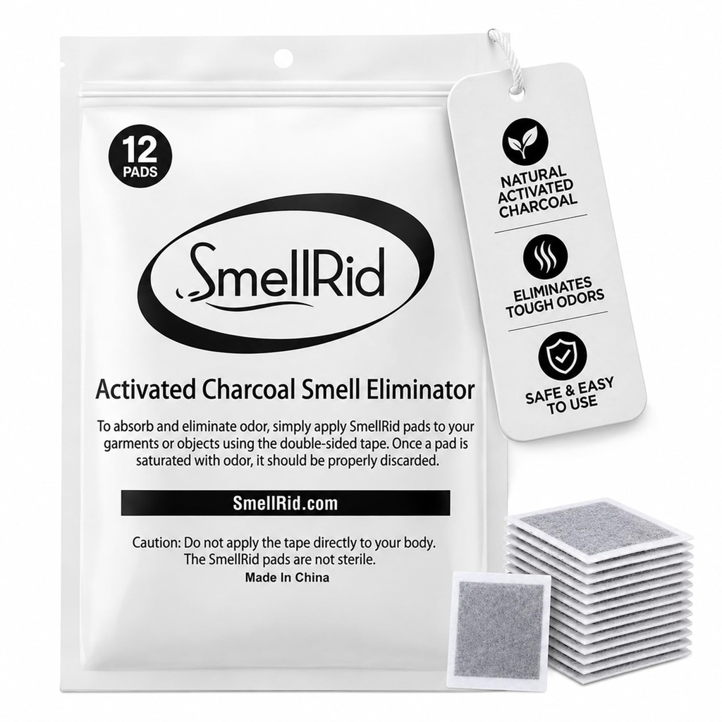 SMELLRID Activated Charcoal Odor Absorber Pads (4"x4") - Pack of 12 | 12 Unscented Adhesive (4"x4") Charcoal Pads for Body Odor, Flatulence & Personal Care Environments