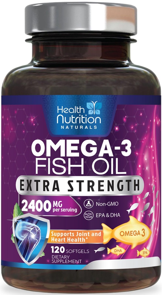 Omega 3 Fiskolja 2400 mg - Triple Strength Omega3, EPA & DHA Fatty Acids Supplement - Naturligt stöd för immun, hjärt- och hjärnhälsa - Vildfångad, icke-GMO, Lemon Flavor, Burpless - 120 Softgels