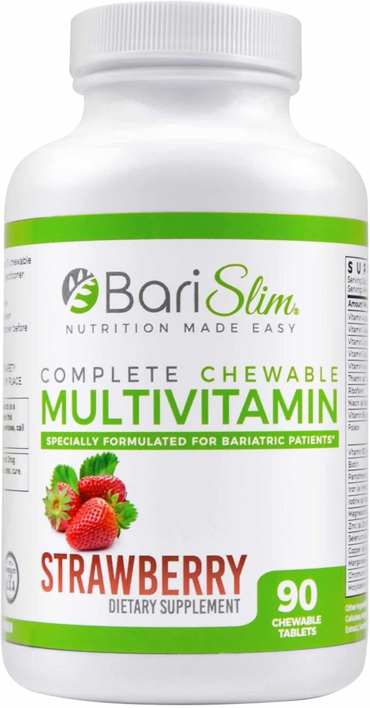 BariSlim Complete Chewable Bariatric Multivitamin med 45 mg Iron - Bariatric Multivitamin för postbariatrisk kirurgi inklusive gastric bypass och gastric Sleeve - jordgubbar (90 greve)