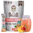 Salud 2-i-1 Energy Drink Powder + Focus, Peach Lemonade, Organic Caffeine, B6 + B12, Theanine, Clean Energy Drink Packets, Agua Fresca Mix, Non-GMO, Gluten Free, Vegan, 1g socker, (15 portioner)
