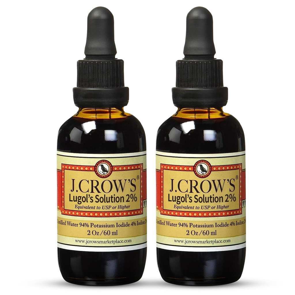 J.CROW'S® Lugols lösning av jod 2% 2 uns (2 flaska) - Premium jod & kalium jodid flytande, gluten &, alkoholfri naturlig brine extrakt, ingen utgång