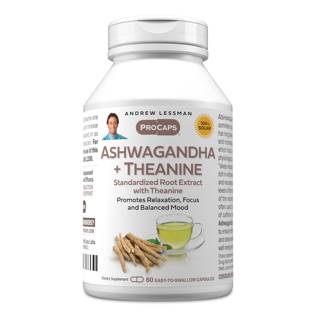 ANDREW LESSMAN Ashwagandha + Theanine 60 kapslar - Standardiserat extrakt. Främjar avkoppling, fokus och balanserad humör. Liten lätt att svälja kapslar