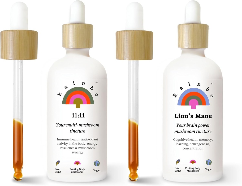 Rainbo Fan Favorite Bundle, 11:11 Multi Mushroom Extract + Lion's Mane Mushroom Tincture, Dual Extract Daily Mushroom Tinctures för omfattande immunstöd, Vegan Liquid Mushroom Supplements