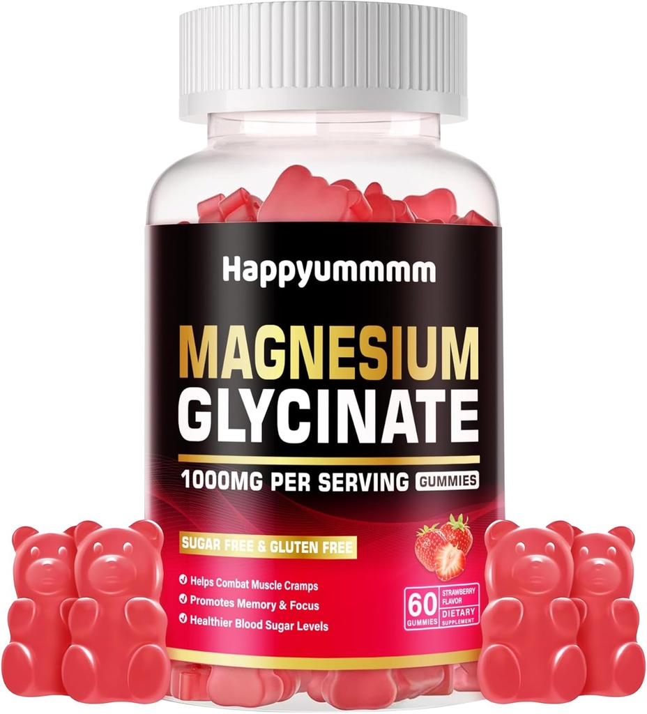 Magnesium Glycinate Gummies 1000mg - Sugar Free Magnesium Potassium Supplement med vitamin D, B6, Q10 för lugn humör och sömnstöd - 60 jordgummies.