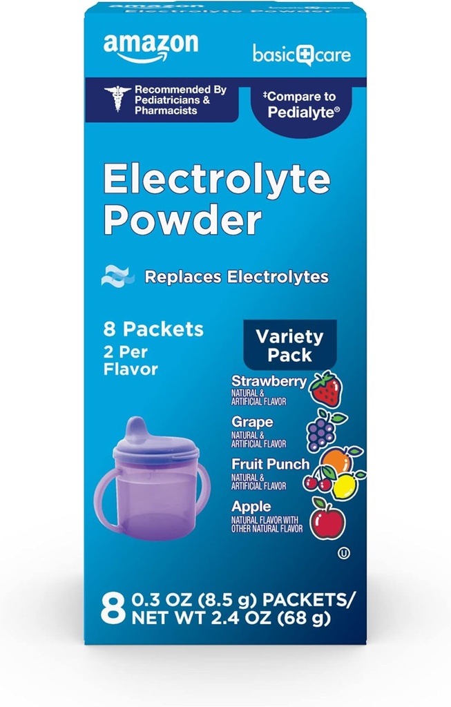 Grundläggande vård Electrolyte Powder Variety Pack, Apple, Fruit Punch, Grape, Strawberry, 8 Count
