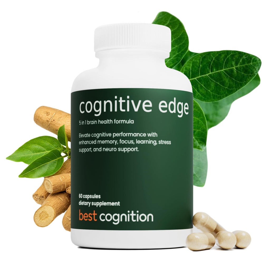 Cognitive Edge Brain Health Supplement | Focus & Memory Support for Coffee Drinkers | L-Theanine, Bacopa Monnieri, Organic Ashwagandha, Rhodiola, PQQ (60 Capsules)