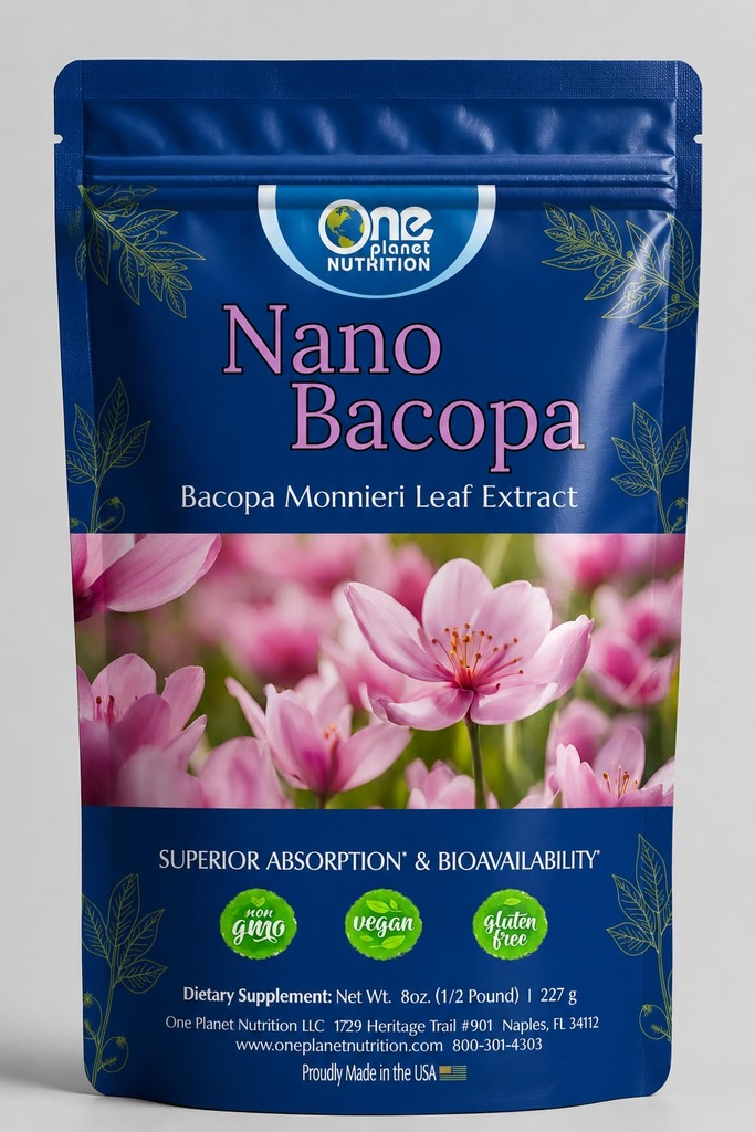 One Planet Nutrition Nano Bacopa Powder 8 oz (227 Servings) - Nano-Particle Size Bacopa Monnieri Extract Powder - Enhances Memory & Focus - Non-GMO, Vegan, Gluten-Free Herbal Supplement