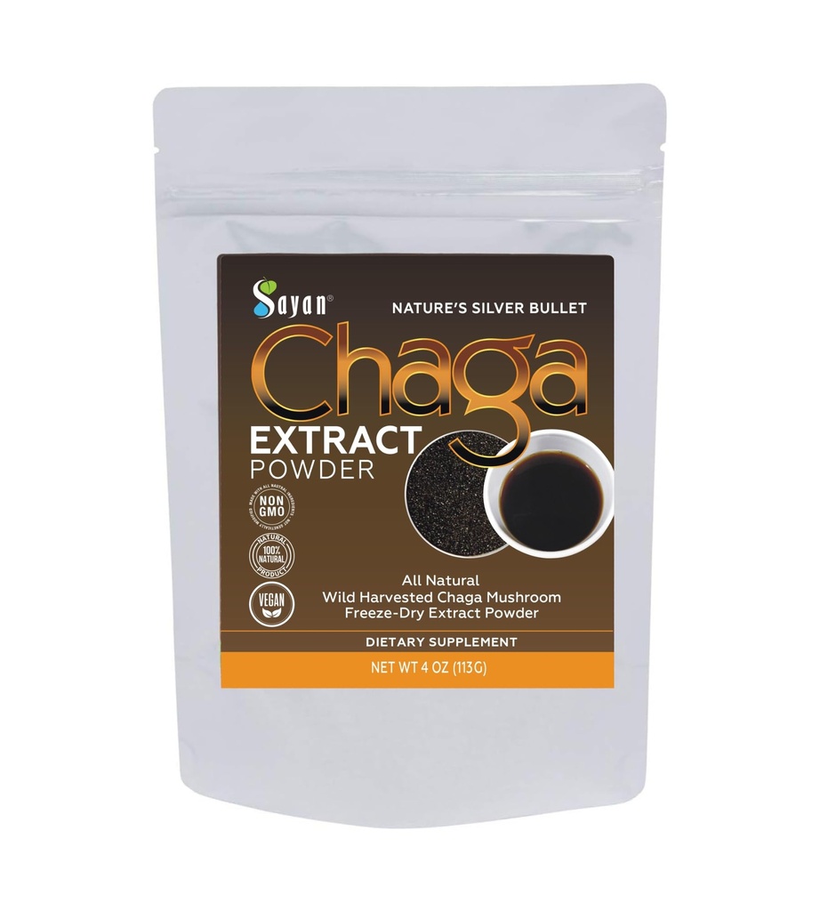 Sayan Chaga Mushroom Extract Powder (4oz) - Frysa Torkad Siberian Wild Harvested - Organisk Antioxidant Te för Immun och Digestion Support - Fokus, Energi, Klarhet, Wellness - Inga Tillsatser