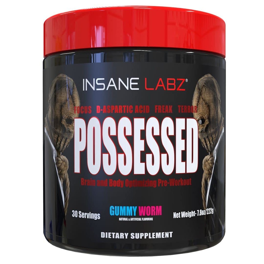Insane Labz Possessed Low Stimulant Testosterone Boosting Pre Workout Powder, Loaded med D Aspartic Acid och Creatine Fueled av AMPiberry och OXYgold, 30 Srvgs, Gummy Worm