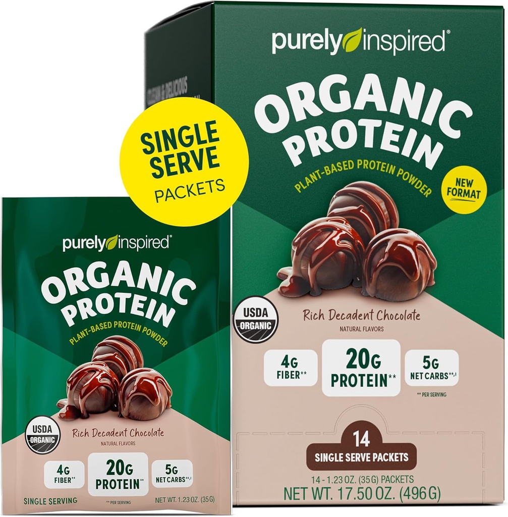 Purely Inspired Organic Protein Powder, 14 Single Serve Packets, Rich Decadent Chocolate - 20g Plant-Based Protein Powder för Smoothies & Shakes - Dairy-Free, Non-GMO - för Män & Kvinnor
