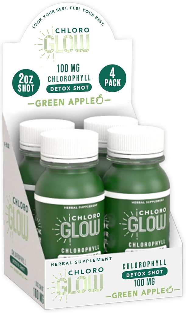 Chloroglow Chlorophyll Shots – Organic Plant-Based Green Apple Drink för Immune Support & Body Cleanse – Naturligt tillskott (4 Pack)
