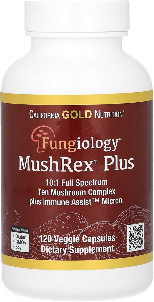 Kalifornien Gold Nutrition Fungiology, MushRex Plus, Full-Spectrum Ten Mushroom Complex med Agaricus, Chaga, Cordyceps och Lion's Mane, 120 Plantcaps