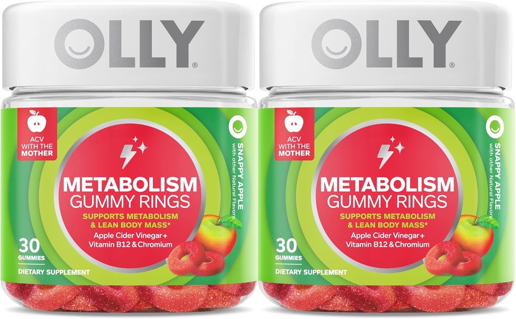OLLY Metabolism Gummy Rings, Apple Cider Vinegar, Vitamin B12, Chromium, Energy och Digestive Health, Chewable Supplement, Apple Flavor, Twin Pack - 60 Count