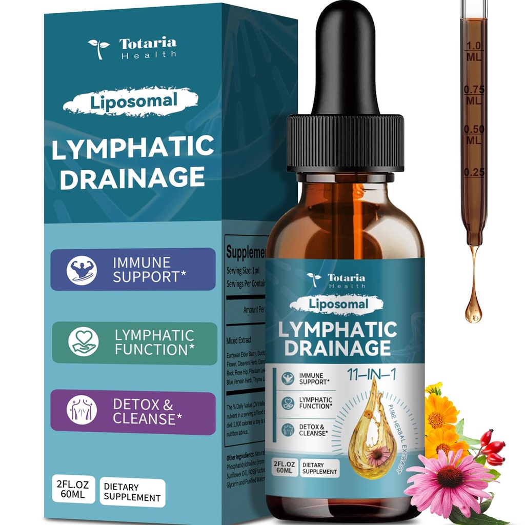 Liposomal Lymphatic Drainage Drops - 11 i 1 Organic Lymphatic Drainage Supplement med Burdock Root, Echinacea, Elderberry, Calendula, Cleavers Herb, Dandelion stöder Lymphatic Health 2 FL.OZ