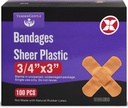 Adhesive Bandage - Box of 100 3/4" Flexible Sheer Plastic Bandages for Cuts, Scrapes, Burns - Latex Free, Sterile Small Bandages