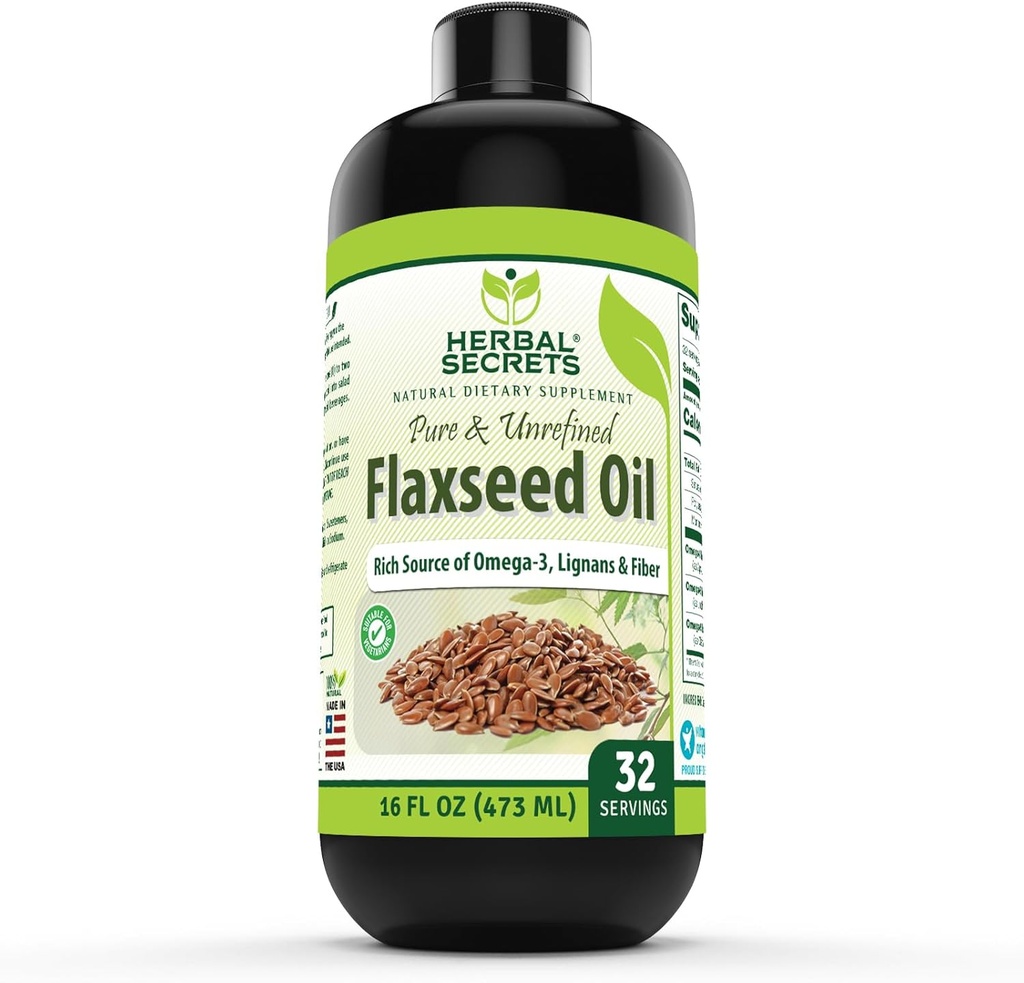 Herbal Secrets Organic Flaxseed Oil Supplement | 16 Fl. Oz. (473 ml) | Icke-GMO | Made in USA