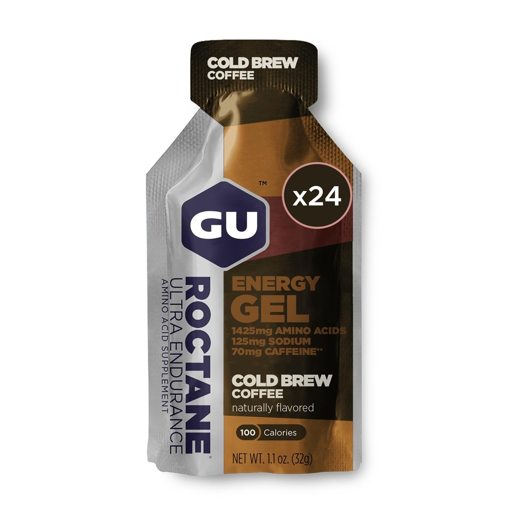 GU Energy Roctane Ultra Endurance Energy Gel, Vegan, Gluten-Free, Kosher och Dairy-Free On-The-Go Sports Nutrition för körning, cykling, vandring eller skidåkning, Cold Brew 2X koffein (24 Packets)