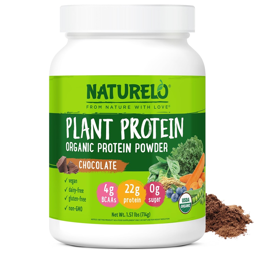 NATURELO Plant Protein Powder, Chocolate, 22g Protein - Icke-GMO, Vegan, Ingen Gluten, Mjölk eller Soja - Inga konstgjorda smaker, syntetisk färgning, konserveringsmedel eller tillsatser - 20 portioner