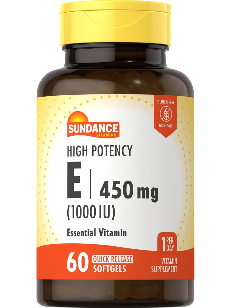 Sundance High Potency Vitamin E | 450mg (1000 IE) | 60 Softgels | Essential Vitamin Supplement | Non-GMO och Gluten Free Formel