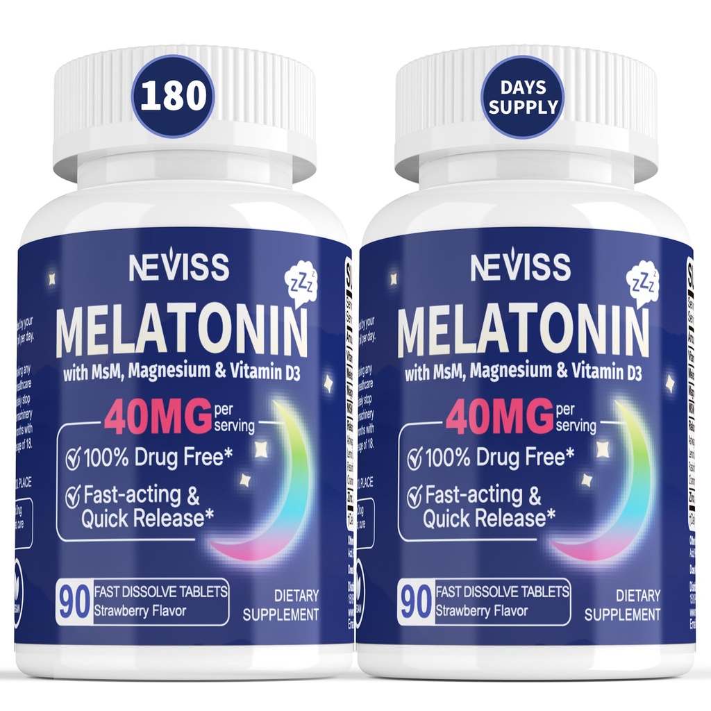 Melatonin 40 mg för vuxna - Snabb upplösning och tuggbar sublingual sömntillägg - Extra styrka Melatonin med vitamin D3 & MSM, Selenium för hälsa Rest Cycle, Deep Zzzs, Sugar-Free, 180 portioner