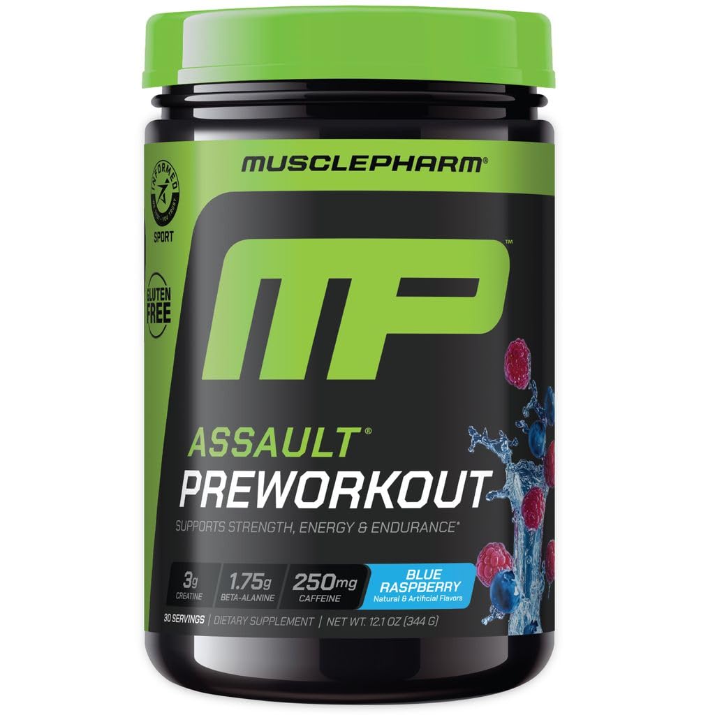 MusclePharm Assault Pre Workout Powder för Män & Kvinnor - Energi & Styrka Boost Pre-Workout Supplements med Beta Alanine, Koffein, Kreatin & Betaine Anhydrous - 30 portioner, Blå Raspberry smak