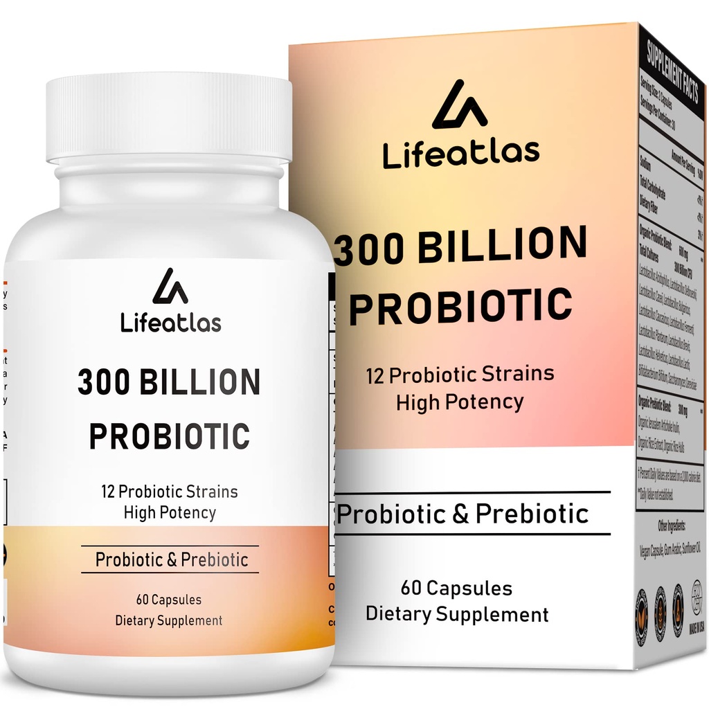 300 miljarder CFU Probiotics - Probiotika för kvinnor och män, 12 Probiotiska Stammar Plus Prebiotic, för Immune & Digestive, Gut Health, Gas Bloating, Shelf Stable - 60 Caps