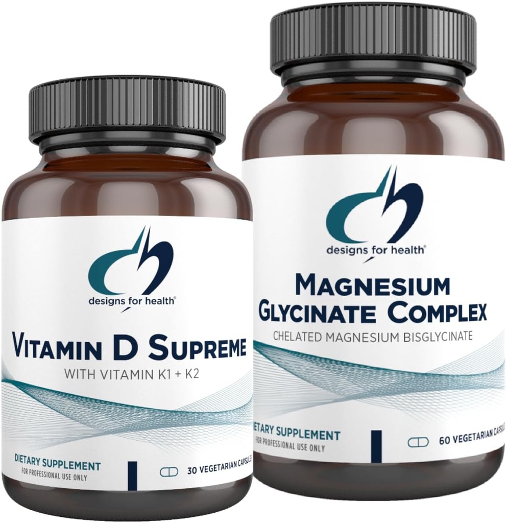 Designs for Designs for Health Magnesium Glycinate Complex (60 kapslar) & Vitamin D Supreme (30 Softgels) - High Absorption Magnesium med 5000 IE Vitamin D3 och Vitamin K2 / K1 - Ben, Immune & Mood