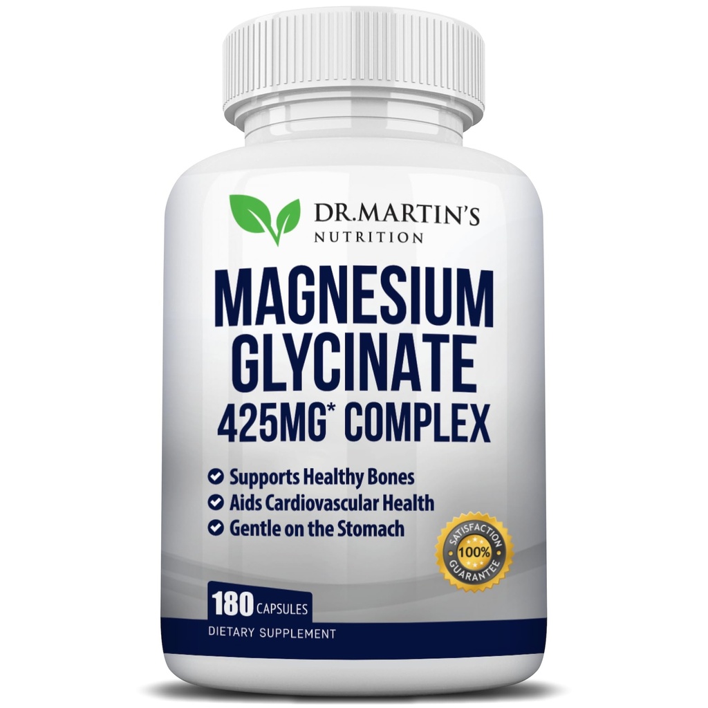 Premium Magnesium Glycinate 425mg - 180 Vegan kapslar - Hjälper med stressavlastning, sömn, muskelkramper och hälsosamt hjärta