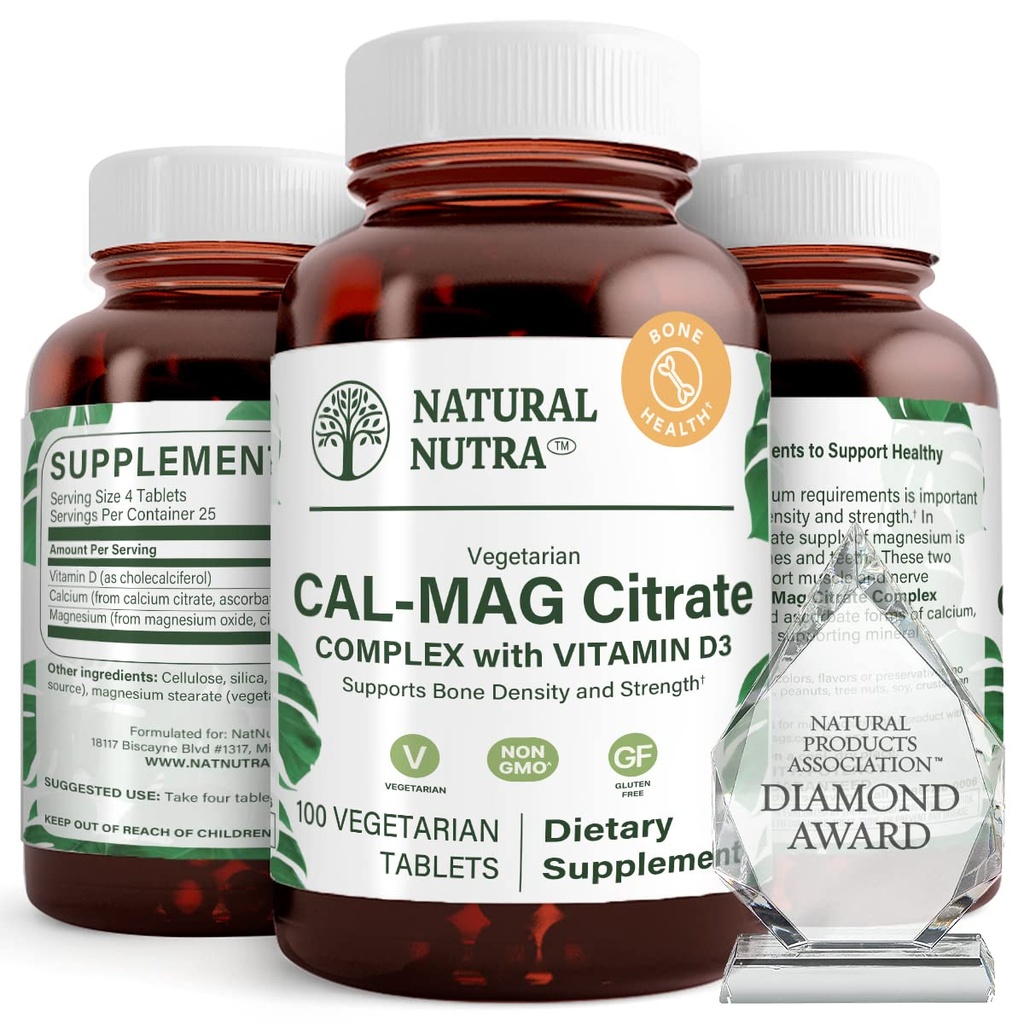Natural Nutra Cal-Mag Citrate med vitamin D3,1000/500 mg Complex, stärka bendensitet, muskel och nervhälsa, hjälpa till att upprätthålla hälsosam tänder, högt biotillgängliga källor, 100 Vegan tabletter