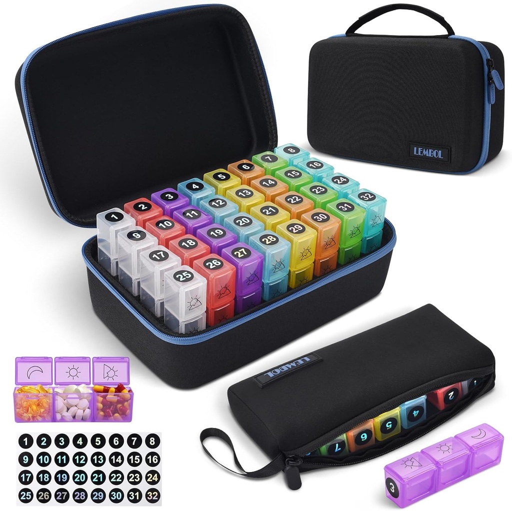Månatlig Pill Organizer 3X per dag med portabel 7-dagars resemedicin som organiserar väska, Lara Pill Box med 32 dagliga kompartement,30 Day Pill Case Medicine Organizer för vitamin, tillägg och medicinering
