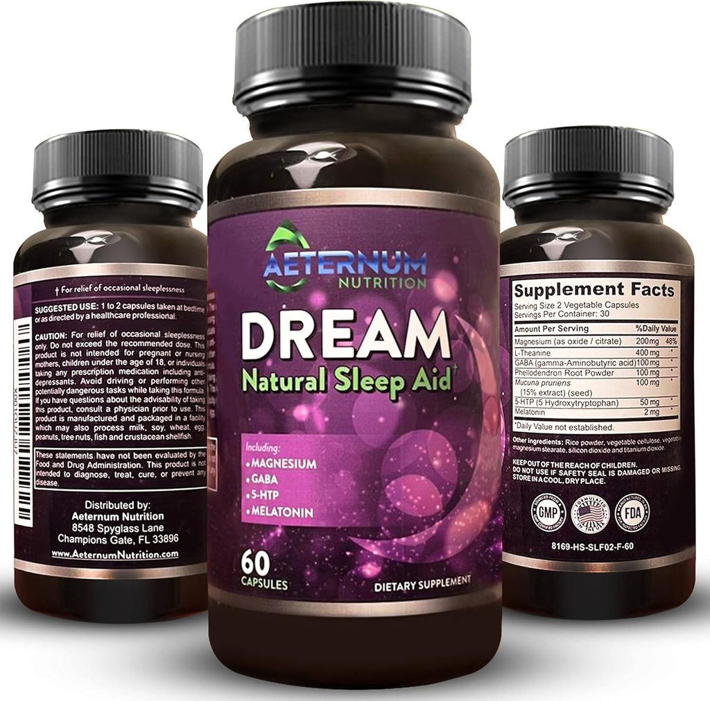 Dream Natural Sleep Supplement för vuxna - Slappnande sömn, Wake Rested - Non Habit Sleep Aid Capsules Free från socker, kolhydrater - Melatonin, Magnesium, 5HTP, L-Theanine, GABA- Non-GMO 60 Sleeping Pills