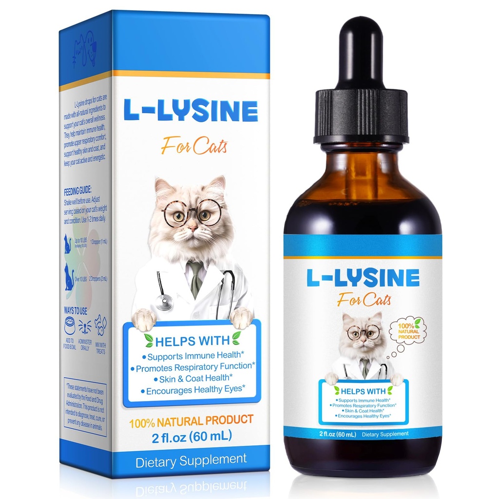 Lysine for Cats Supplement – Immune System & Respiratory Health Support for Cats & Kittens 2floz– Eye Discharge, Sneezing Relief – Tasty Easy-Mix Formula – Daily Cat Lysine for Stronger Immunity