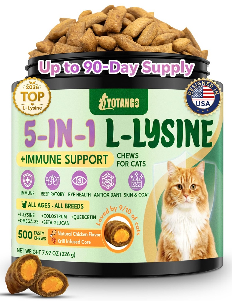 Lysine for Cats, L-Lysine for Cats Chews & Treats, 500 Ct, Immune Support | L-Lysine Supplement with Colostrum, Quercetin & Omega-3 for Sneezing, Runny Nose, Eye & Respiratory Support, Chicken Flavor.