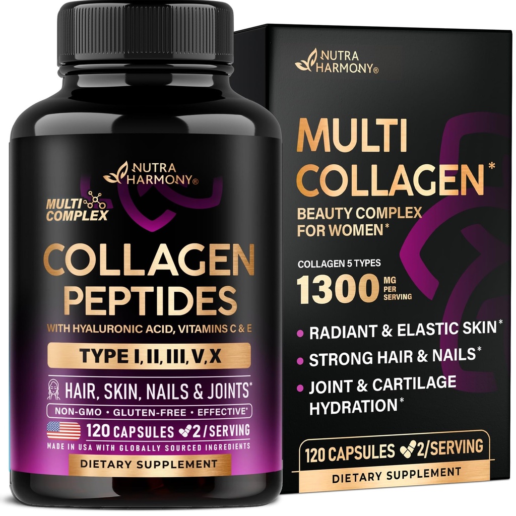 Multi Collagen Peptides - Hydrolyzed Types I, II, III, V & X - Collagen Supplement for Women 1300mg - w/ Hyaluronic Acid, Vitamins C & E - Skin, Hair, Nails & Joint Support - Made in USA, 120 Capsules